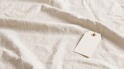 A plain white textile lays flat, featuring a tag with no information attached. The soft texture is highlighted, suggesting a focus on fabric or product labeling
