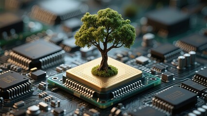 A vibrant green tree emerges from the center of a computer chip, blending nature and technology. This unique scene captures the relationship between the digital world and the environment