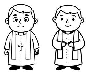 Fototapeta premium Cute cartoon priest characters – friendly catholic cleric boys in cassock with collar, playful vector mascot illustration