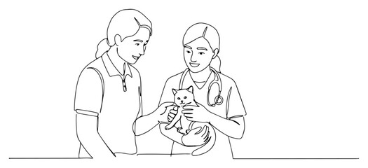 Veterinary nurses caring for kitten – continuous line art minimalist vet clinic vector illustration