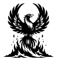 Fototapeta premium Phoenix rising from flames emblem – powerful mythic fire bird spreading wings bold vector illustration