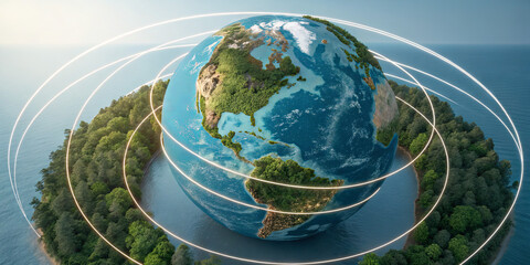 A detailed representation of the Earth set against a backdrop of lush green islands and clear water