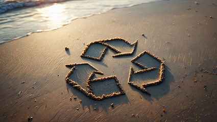 A sand design shaped like a recycle symbol is created on the beach. Gentle waves kiss the shore as the sun sets, casting warm colors across the scene