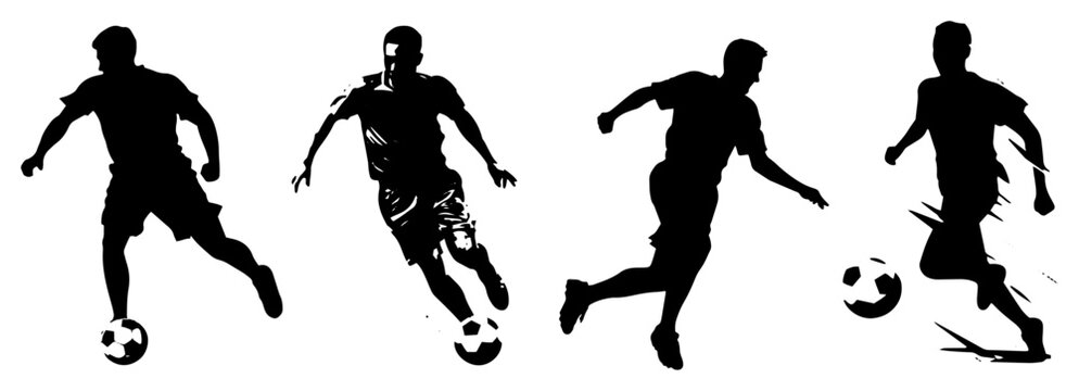 Soccer player silhouettes dribbling – dynamic football action poses, bold vector icon set