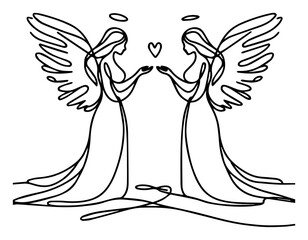 Obraz premium Mirror angels continuous line art – symmetrical celestial figures minimalist vector illustration