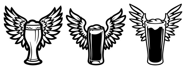 Beer pint glasses with wings – craft brew guardian angel concept bold vector illustration