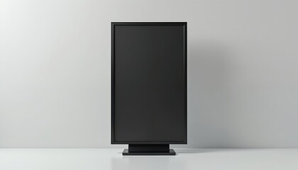 Tall black digital screen mockup stands on white floor. Modern blank panel for info or ads. Minimalist indoor space, plain background. Tech display.