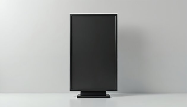 Tall black digital screen mockup stands on white floor. Modern blank panel for info or ads. Minimalist indoor space, plain background. Tech display.