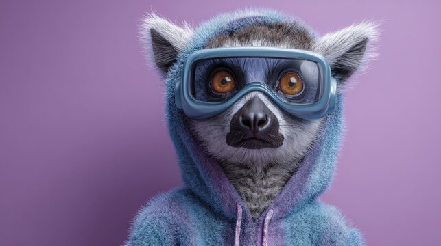 Ring-tailed lemur wearing blue goggles and a purple hoodie against a purple background. Animal portrait with clothing and accessories. - Powered by Adobe
