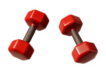 Red dumbbells, fitness and bodybuilding equipment for strength training, active lifestyle, and gym workouts on transparent background