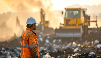 Waste-Management Crew Member Directing Compactor Truck at Landfill