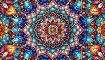 Seamless pattern of colorful floral mandalas