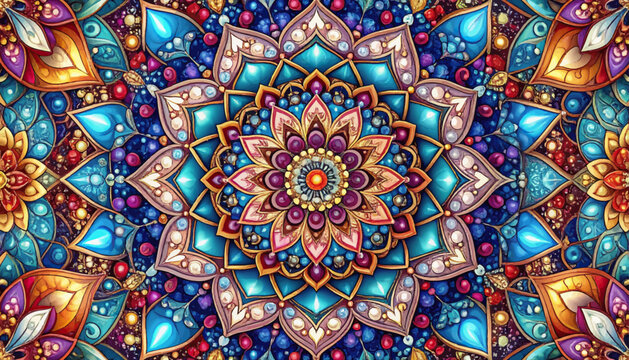 Seamless pattern of colorful floral mandalas