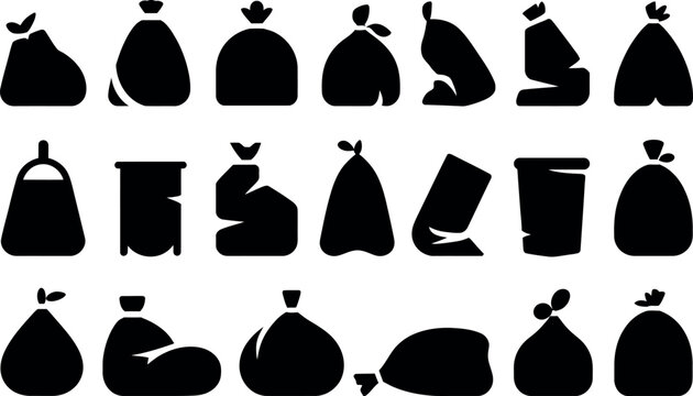 Collection of black garbage bag vector icons for waste management illustration