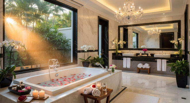 Luxurious bathroom with bathtub filled with rose petals and candles - Powered by Adobe