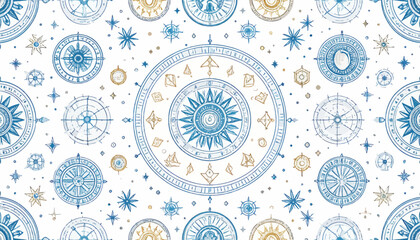 Seamless pattern of antique compasses and stars