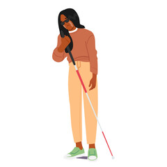 Young blind woman cartoon character walking with cane and crying due to loneness and lack of support