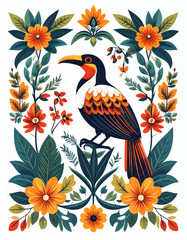 Toucan among tropical flowers with transparent background