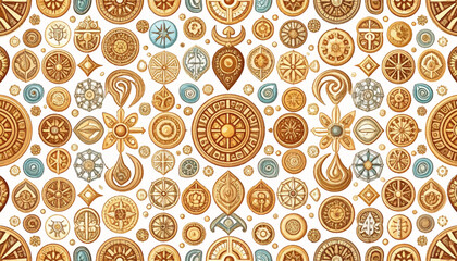 Seamless pattern of ancient coins and symbols