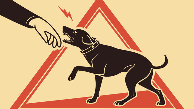 Warning illustration of dog biting a human hand with red triangle symbol, concept of aggression, danger and animal attack