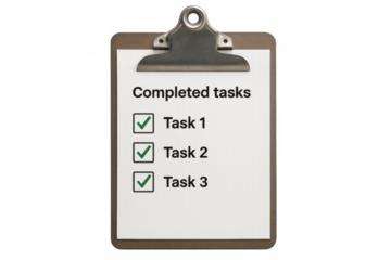 Clipboard presenting a checklist with tasks marked as complete, symbolizing achieved goals, successful execution, and efficient workflow