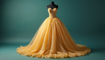Elegant golden ball gown displayed on a mannequin against a teal backdrop. This strapless dress features a beaded bodice and a voluminous, shimmering tulle skirt perfect for formal events.