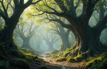 Fototapeta premium Ancient forest path bathed in soft sunlight, moss covered ground with big old oak trees. Green new leaves sprout on branches, creating fairytale mood. Serene nature scene with light mist.