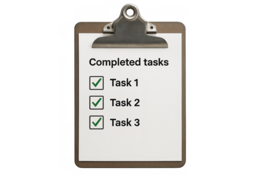 Clipboard presenting a checklist with tasks marked as complete, symbolizing achieved goals, successful execution, and efficient workflow