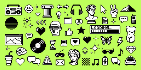 Huge collection of pixel art y2k vector icons including retro boombox, computer, woman bust, and loading bar on green background.