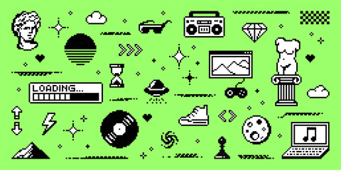 Pixel art y2k vector collection showing various retro digital elements on a lime green background for game design or web interface.