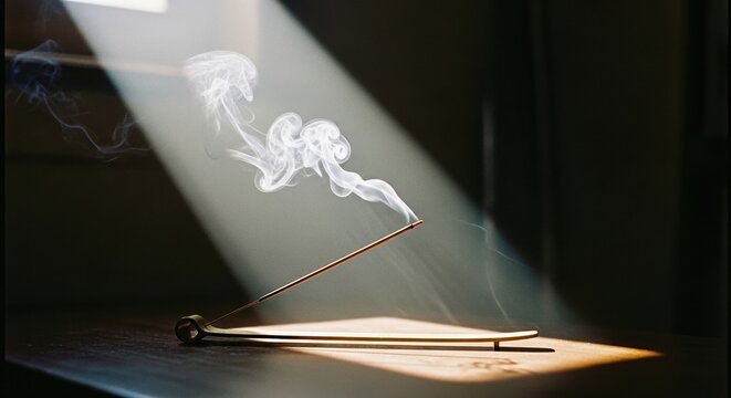 	meditative atmosphere — slender incense stick burning slowly, releasing calm into the room - Powered by Adobe