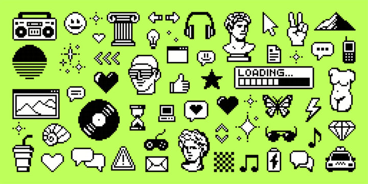 Huge collection of pixel art y2k vector icons including retro boombox, computer, woman bust, and loading bar on green background.