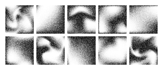 Dot grain stipple vector texture square element set. Halftone gradient noise effect for design. Abstract black and white grunge pattern.