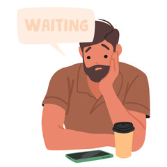 Young man cartoon character waiting for phone call sitting with takeaway coffee drink in cafe