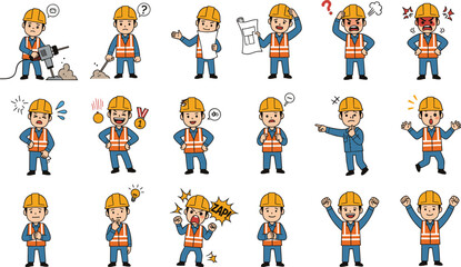 Cartoon Construction Worker Character Set Showing Emotions, Actions, Tools, Safety Gear, Communication, Stress, Anger, Surprise, Pride, Celebration