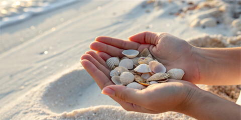 Soft sunlight glimmers on a sandy beach as someone holds a collection of seashells in their hands. The scene captures tranquility and the joy of finding treasures by the sea