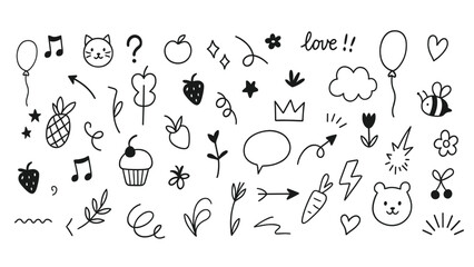 Cute Hand Drawn Doodle Elements Set with Animals, Fruits, Flowers, and Decorative Sketch Icons