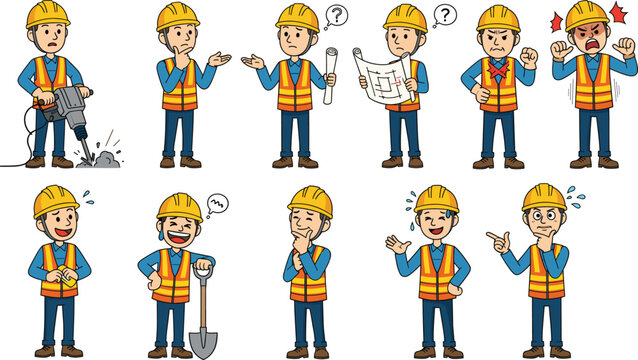 Cartoon Construction Worker Character Set Showing Emotions, Jackhammer, Blueprint, Shovel, Anger, Confusion, Thinking, Pointing, Laughing, Calm Pose