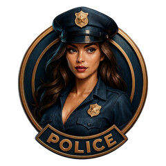Stylized portrait of a woman in a dark blue police uniform within a circular gold trimmed badge, with POLICE text, two gold stars, glossy textures, and a black background.