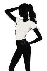 A woman in profile poses with one hand on her hip and one behind her head. She wears a white T shirt and high waisted pants. Clean lines and high contrast define the style.