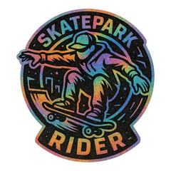 A circular badge shows a skateboarder mid jump with arms out, cap and hoodie, bold black outline, neon gradient, city blocks and motion streaks on a dark field.