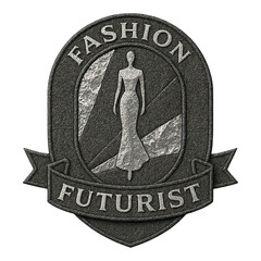 A metallic crest shows a stylized mannequin in a long evening gown, spotlight beams behind, with the words FASHION and FUTURIST in silver and charcoal on a black field.