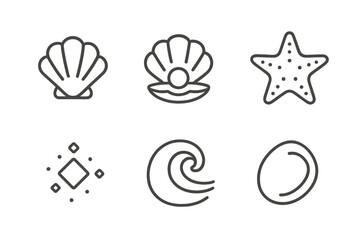 Minimalistic ocean icon set featuring shell, starfish, and wave designs