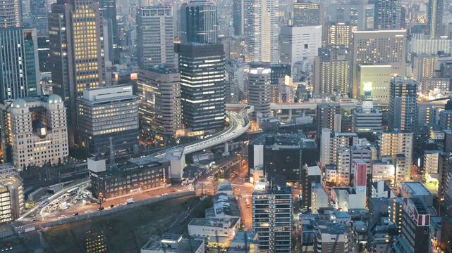 Osaka at night, Japan. City skyline at night, panoramic view