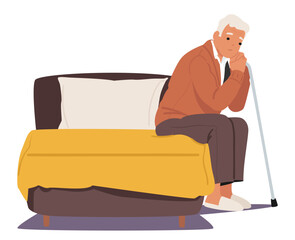 Sad frustrated lonely retired man cartoon character with physical disability sitting on edge of bed
