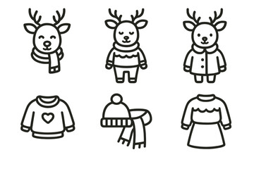 Cute winter deer characters and clothing outlines