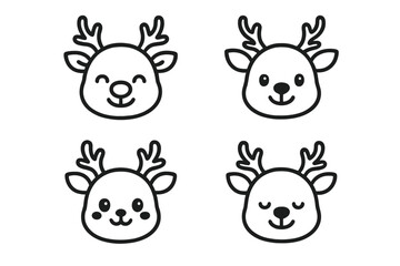Four cute cartoon deer faces with antlers in black and white vector style