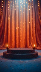 ethereal stage with orange curtains, illuminated by spotlights, dual burning diyas, festive indian cultural event platform