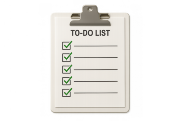 Clipboard displaying to-do list with green check marks, symbolizing task completion, productivity, and organization on transparent background
