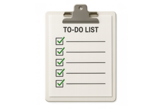 Clipboard displaying to-do list with green check marks, symbolizing task completion, productivity, and organization on transparent background - Powered by Adobe